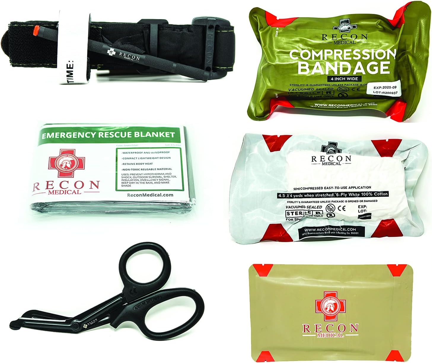 GEN 4 Black Tourniquet, Chest Seal, Shear, Gauze, 4 Inch Bandage and Emergency Blanket in a Vacuumed Sealed Bag