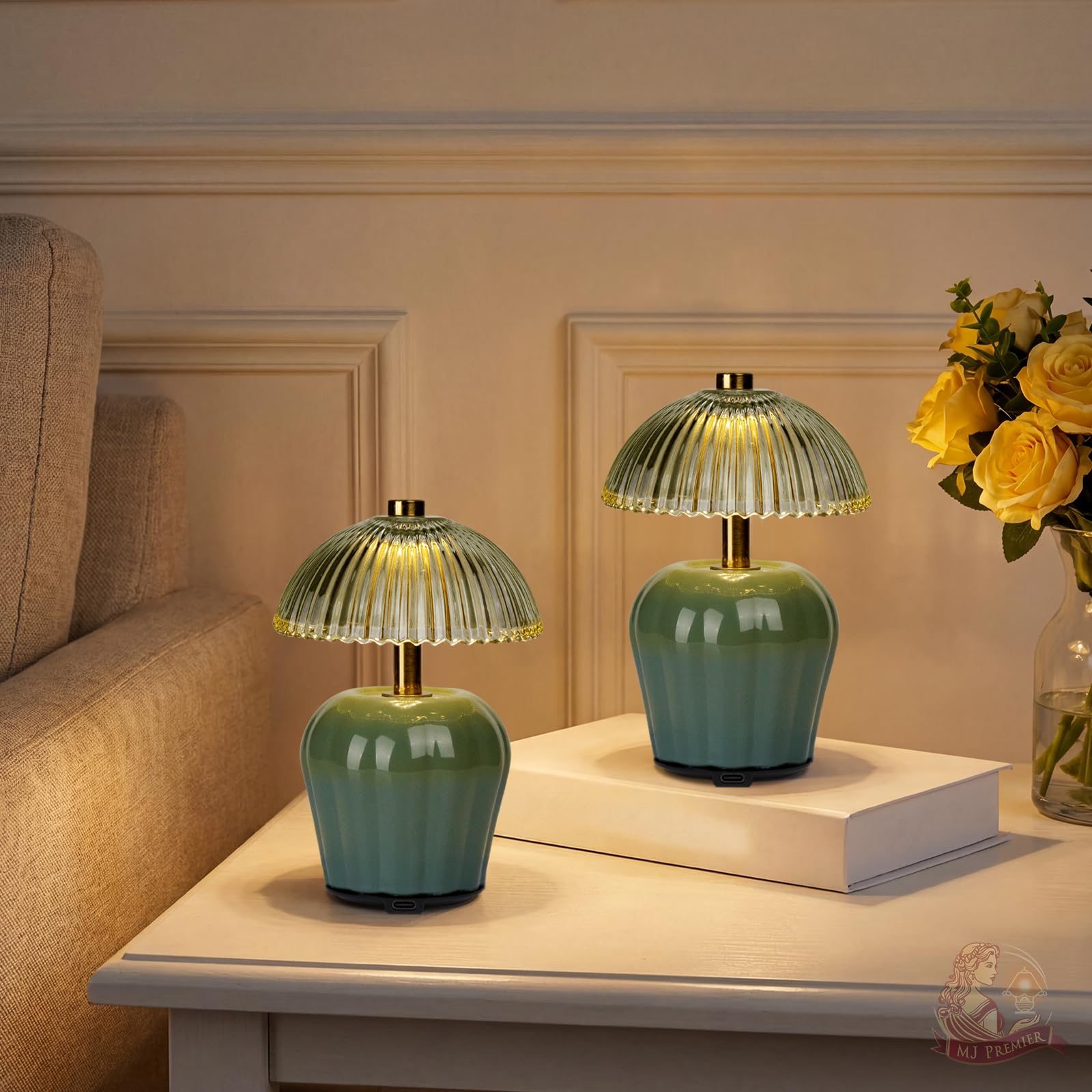 MJ PREMIER Rechargeable Table Lamp, Cordless Lamp with Timer, Mini Glass Mushroom Lampshade, Small Table Lamps, Decorative Led Light for Bedroom Living Room Shelf (Green*2)