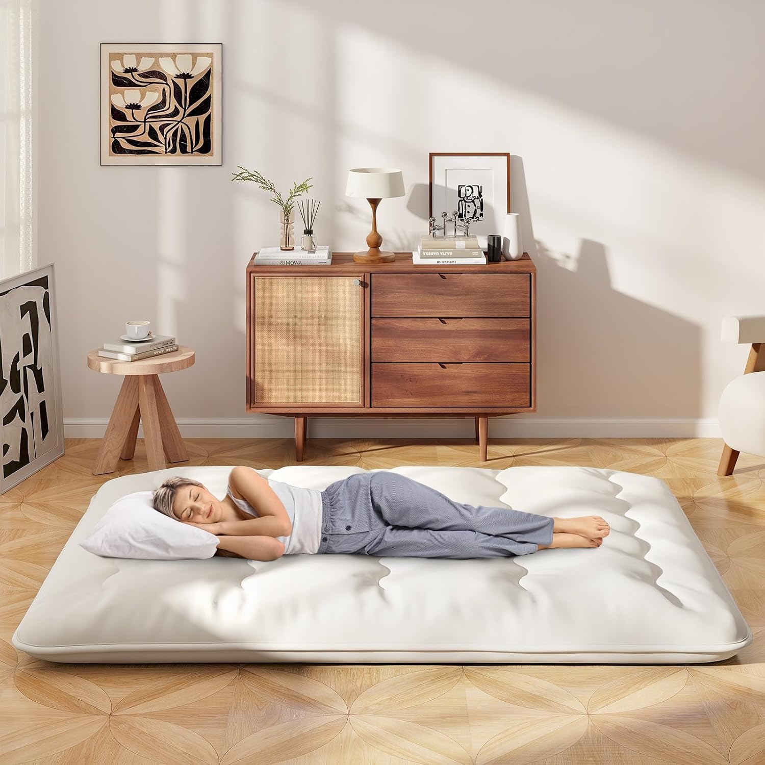 Giantex Japanese Floor Mattress, 4 Inch Futon Mattress with Washable Cover & Storage Bag, Foldable Roll up Mattress Tatami Mat, Portable Sleeping Pad for Camping, Dormitory, Beige, Queen