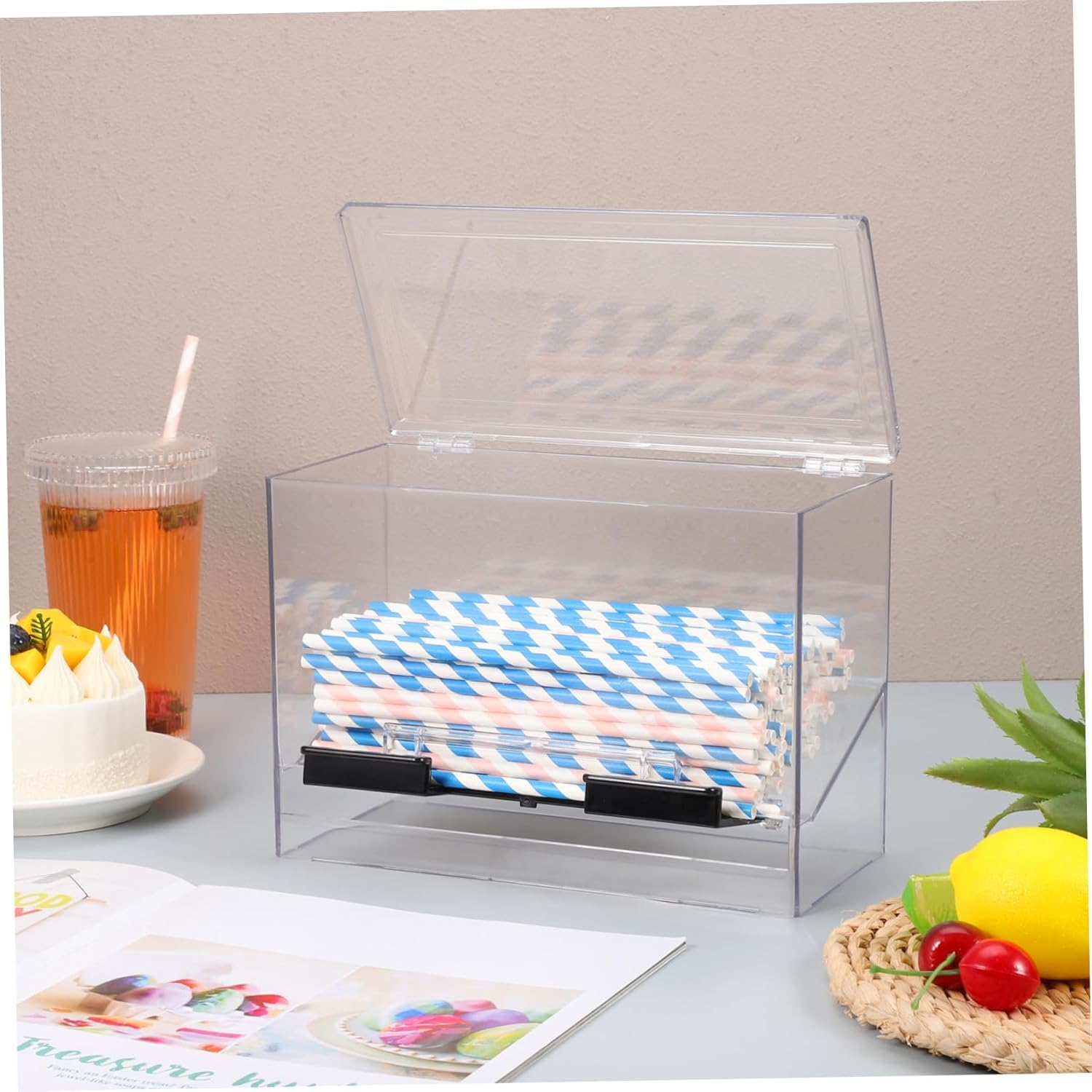 Happyyami Clear Acrylic Pressing Type Straw Dispenser for Bulk Straws Storage Box with Non Slip Base Easy to Clean Organizer for Countertop and Kitchen Use