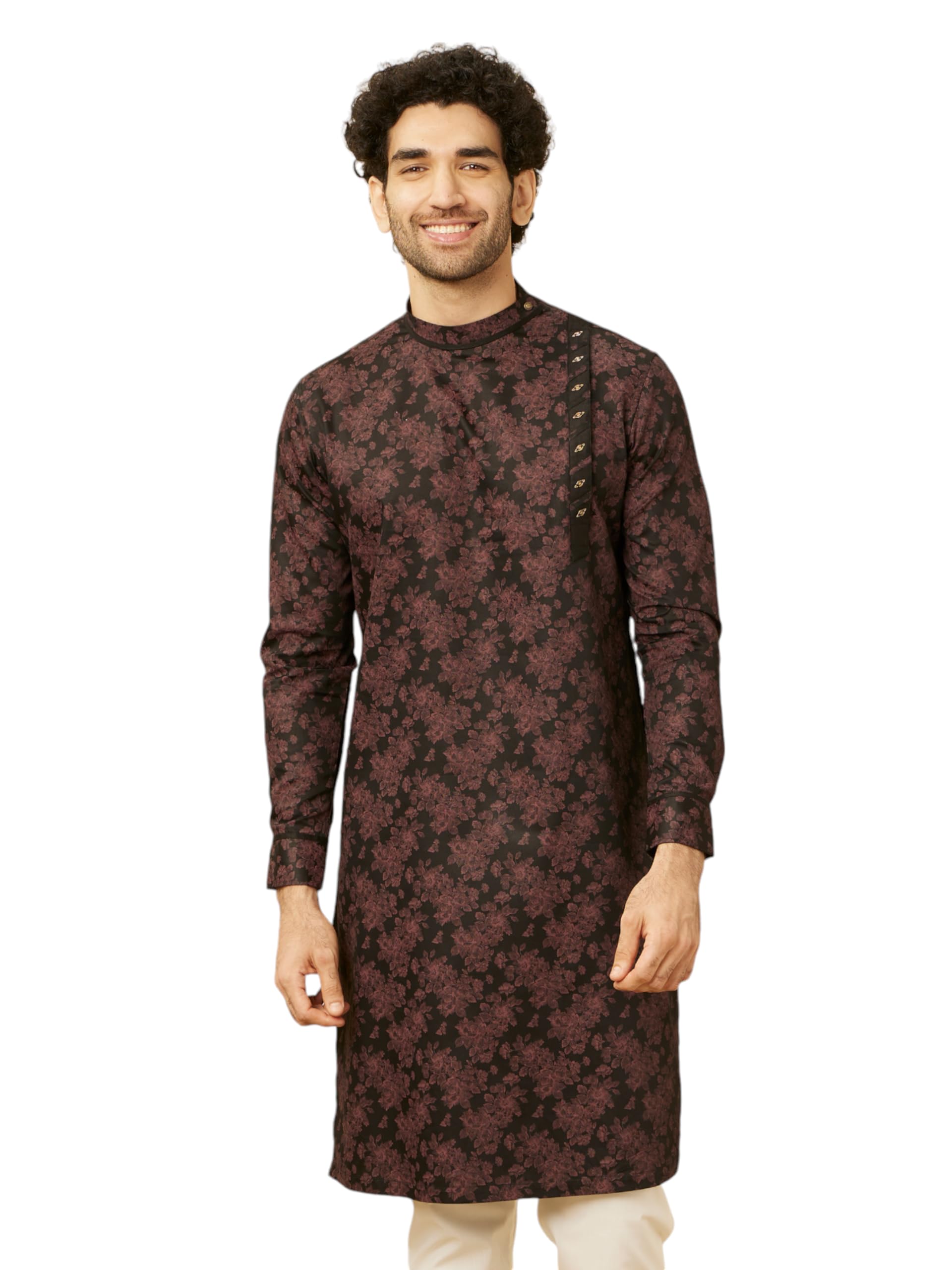 manyavar Men's Cotton Floral Print Angrakha Style Kurta (1pc)-picture-55