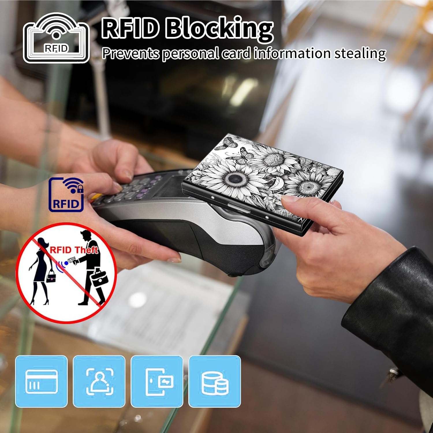 RFID Blocking Slim Aluminum Credit Card Holder for Men & Women, Small Metal Wallet with 6 Accordion Slots, Lightweight Business Card Case, Fashion Pattern ID Wallet Gift,Butterfly and Sunflower
