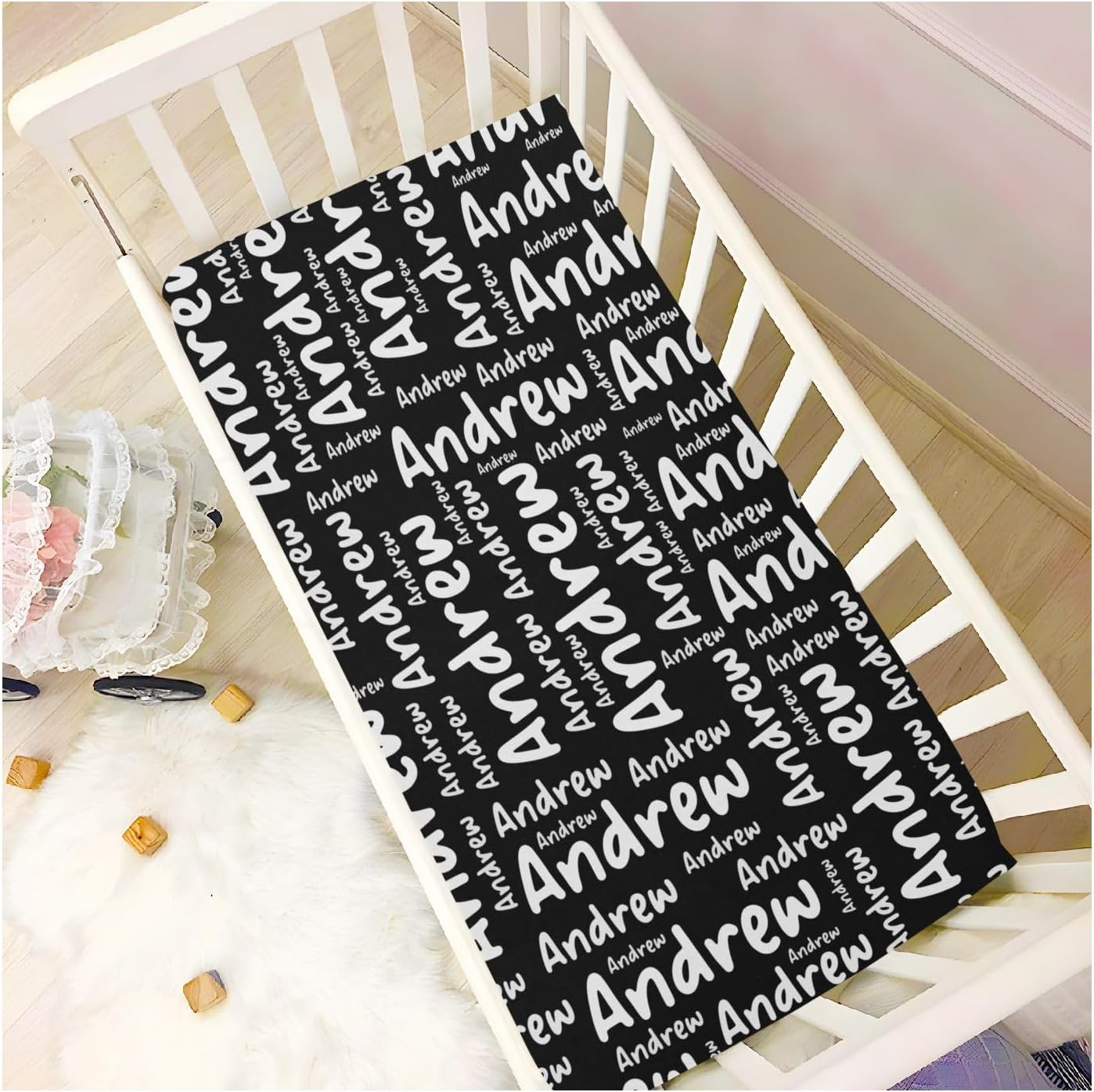 Black Custom Name Crib Sheets for Boys Girls Personalized Pack and Play Sheets Fitted Toddler Sheets for Baby Playard