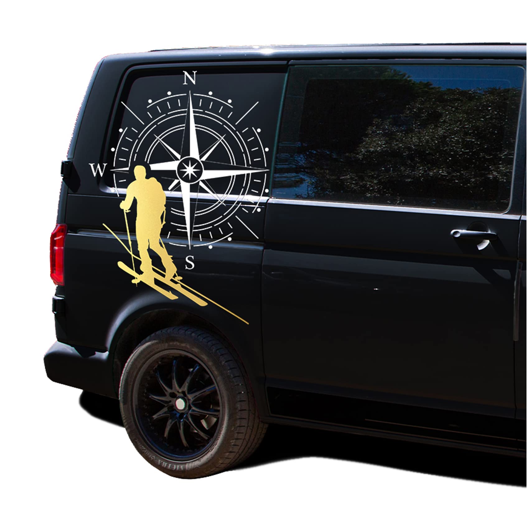 Adesivo per auto, bussola, sport, sci turistico, 60 x 76 cm, per auto, roulotte, rimorchio, autoadesivo, accessorio per auto, KX072 KX073 (bussola, bianco, sci turistico oro)
