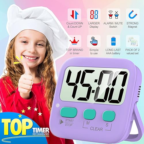 Miniatura 2 de Antonki Paquete de 2 temporizadores digitales para niños, temporizadores de cocina magnéticos de cuenta regresiva para cocinar, huevos, aula,