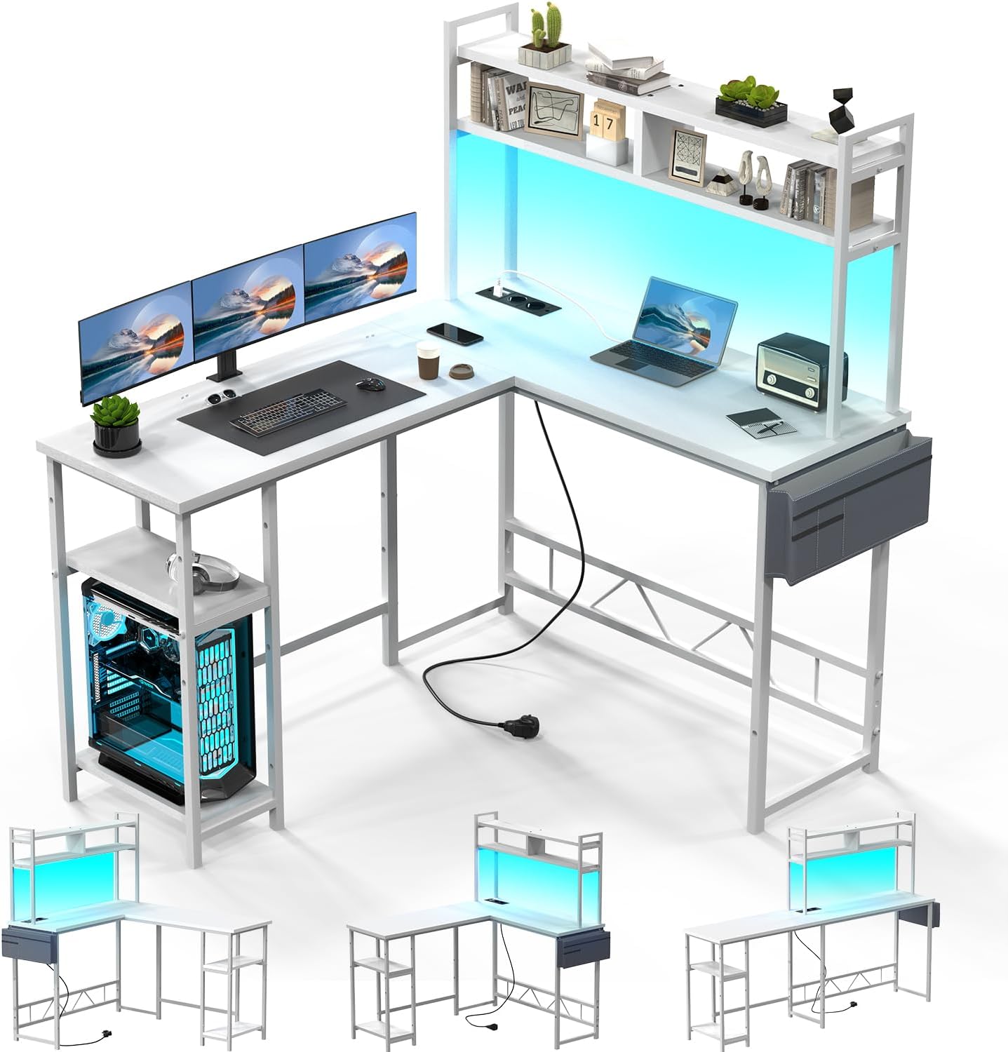 Hzuaneri Bureau D'ordinateur, Gaming En L Avec LED, 2 Prises