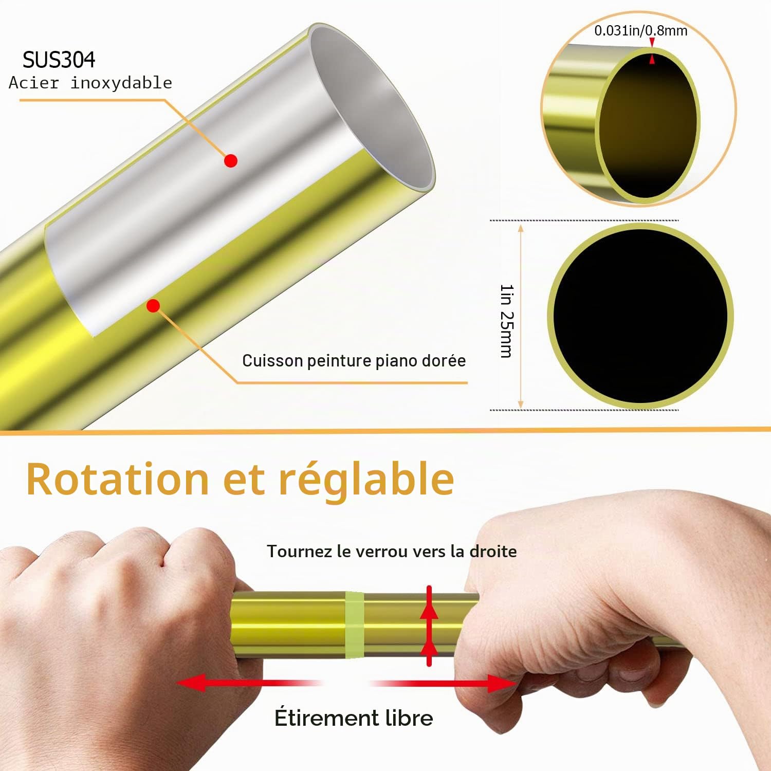 Tringle à rideau de douche d'angle en acier inoxydable 304 en forme de U, taille réglable (en forme de U doré, longueur des deux côtés : 80-120 cm, largeur du milieu : 88-110 cm)