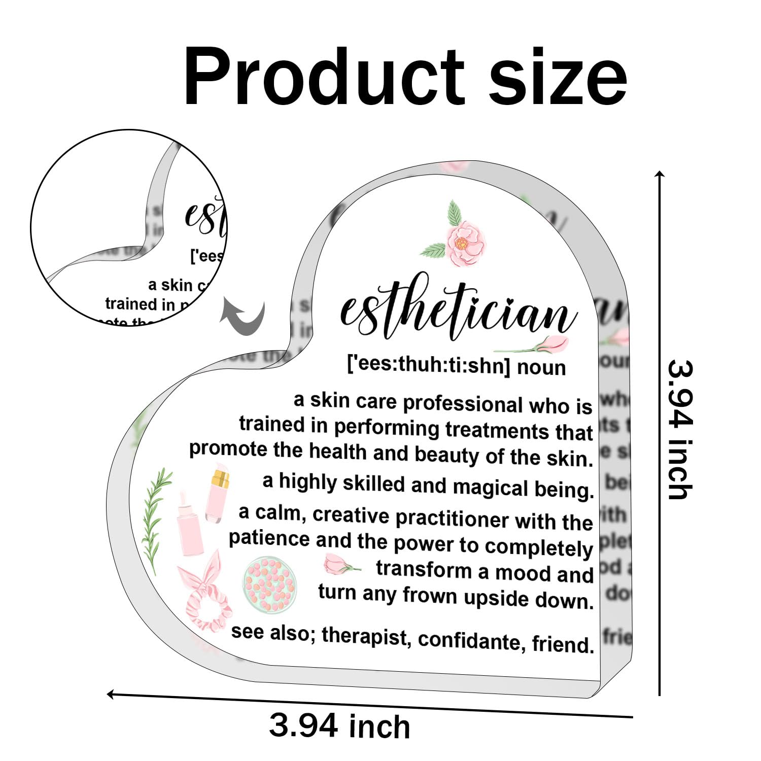 Esthetician Gift for Women Men,Inspirational Gifts for Women,Thank You Gifts for Esthetician,Heart Shaped Acrylic Desk Decorative Sign for Home Office,Birthday Thank You Gifts