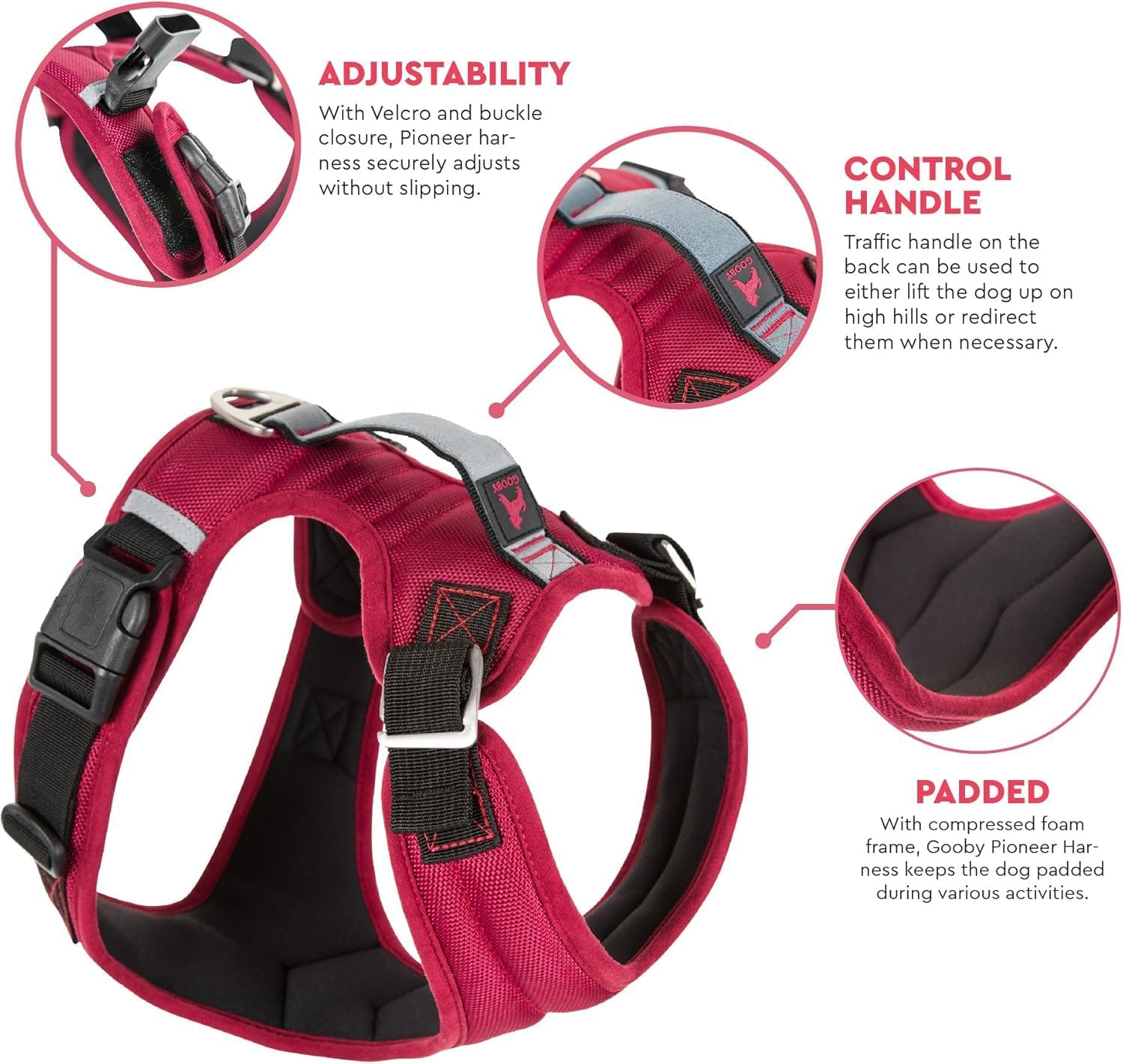 Gooby Pioneer Dog Harness with Control Handle & Seat Belt Restrain Capability, Large, Red