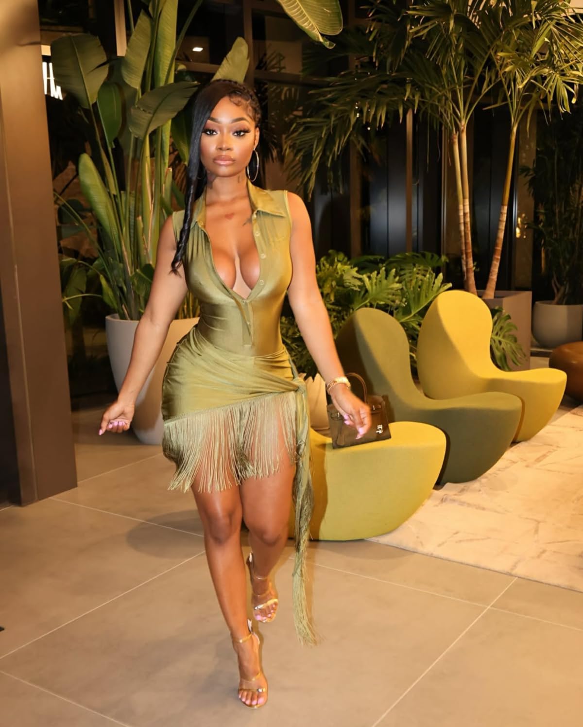 Women's 2 Piece Fringe Skirt Set Sleeveless Button-Up Bodysuit and Mini Skirt Sexy Going Out Outfit Club Party Dress