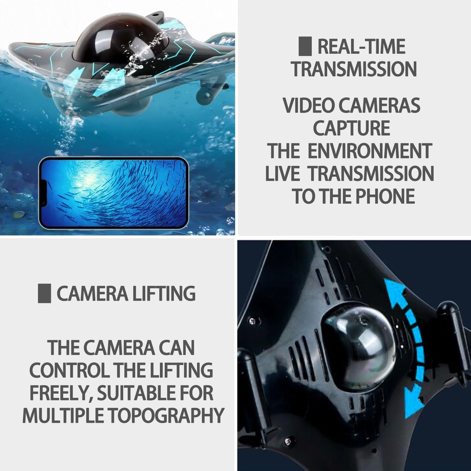 Drone submarino, Conectividad inalámbrica, Control de aplicación inteligente, Transmisión de imagen en tiempo real 1080p HD, Equipado con luz led, para exploración submarina y juguetes para adultos