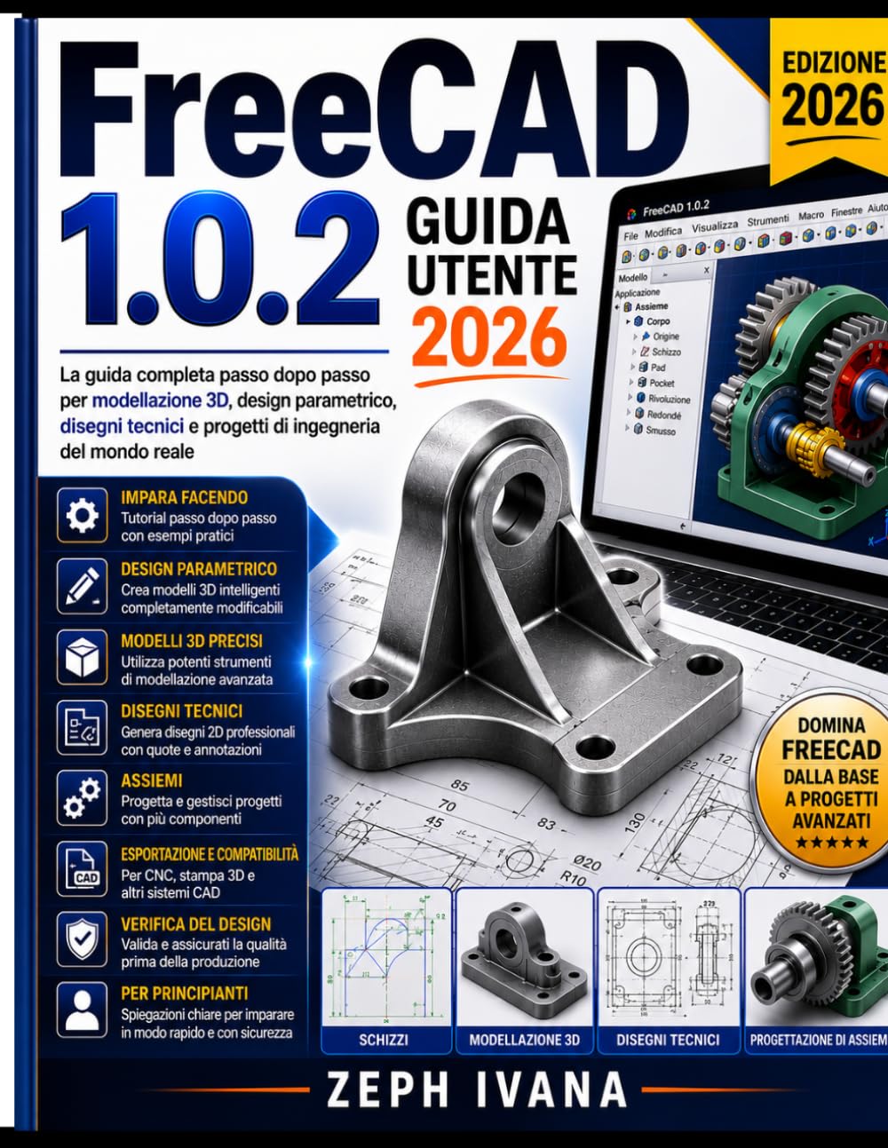Guida Utente di FreeCAD 1.0.2 2026: La guida completa passo passo alla modellazione 3D, alla progettazione parametrica, ai disegni tecnici e ai progetti di ingegneria reali.