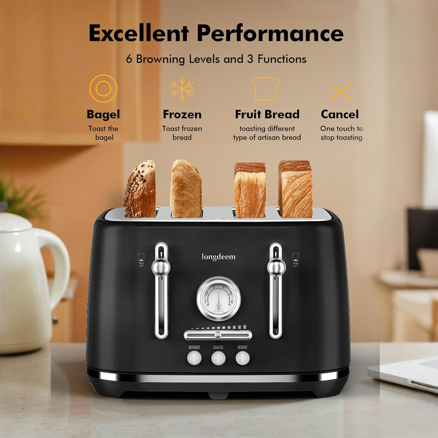 LONGDEEM Retro 4 Slice Countertop Toaster, 1.5” Extra Wide Slots for Artisan Bread/Bagels, 6 Browning Settings, Defrost/Cancel, High Lift Lever, Crumb Tray, Stainless Steel, Home/Office/Dorm/RV, Black