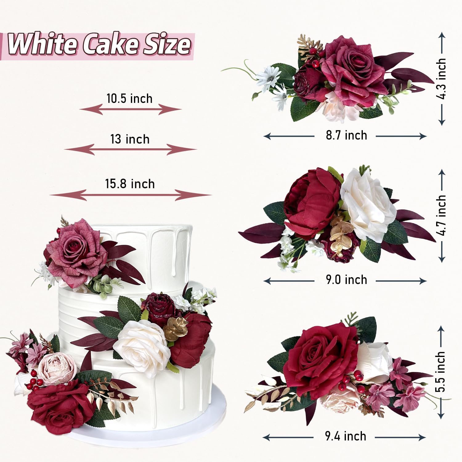 Pre-Made Burgundy Gold Silk Flowers for Cakes Decorations Dark Red Artificial Rose Peony Wedding Cake Toppers Decorating Fake Floral Anniversary Birthday Party Arrangements Table