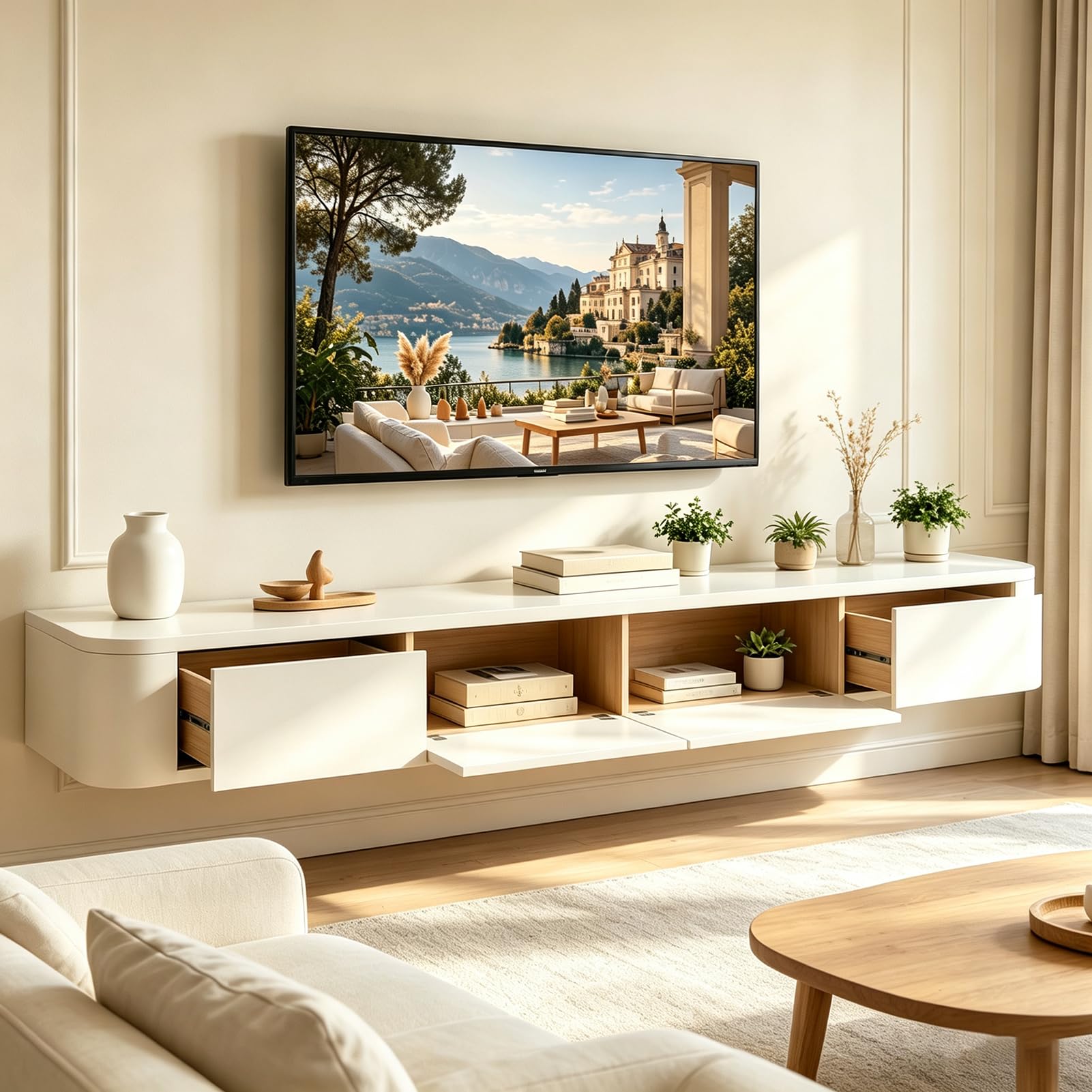 Weiß TV Schrank Schweben,240cm TV Board Hängend,mit 2 Schubladen & 2 Klappen,TV Lowboard Mit Kabelmanagement, TV Tisch für Wohnzimmer und Esszimmer,Einfache Montage