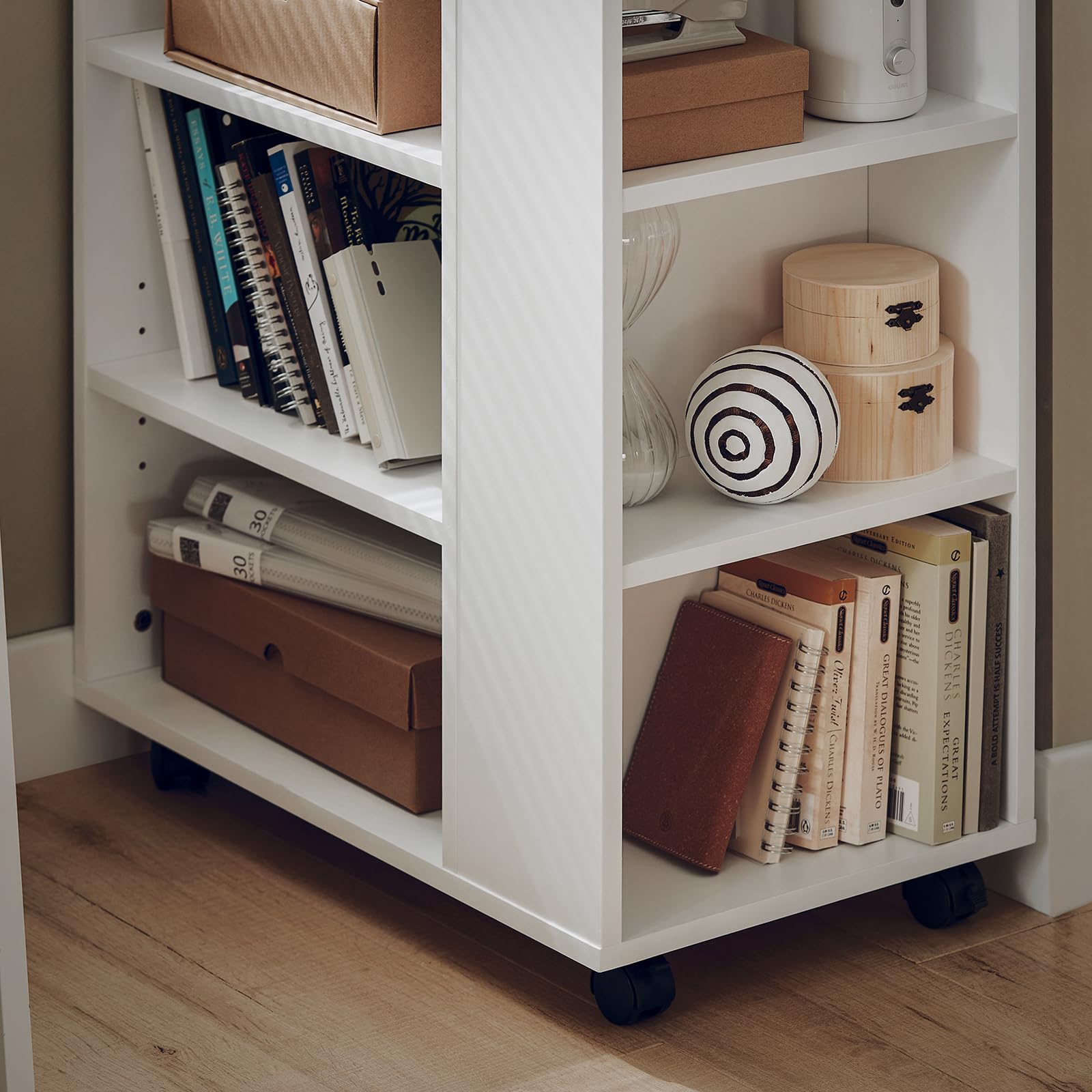 SoBuy Cassettiera Ufficio da Scrivania Porta Stampante su Ruote Schedario da Ufficio con Ripiani Regolabili Mobiletto Portaoggetti Mobiletto Salvaspazio Bianco 60x35x75cm FBT68-W
