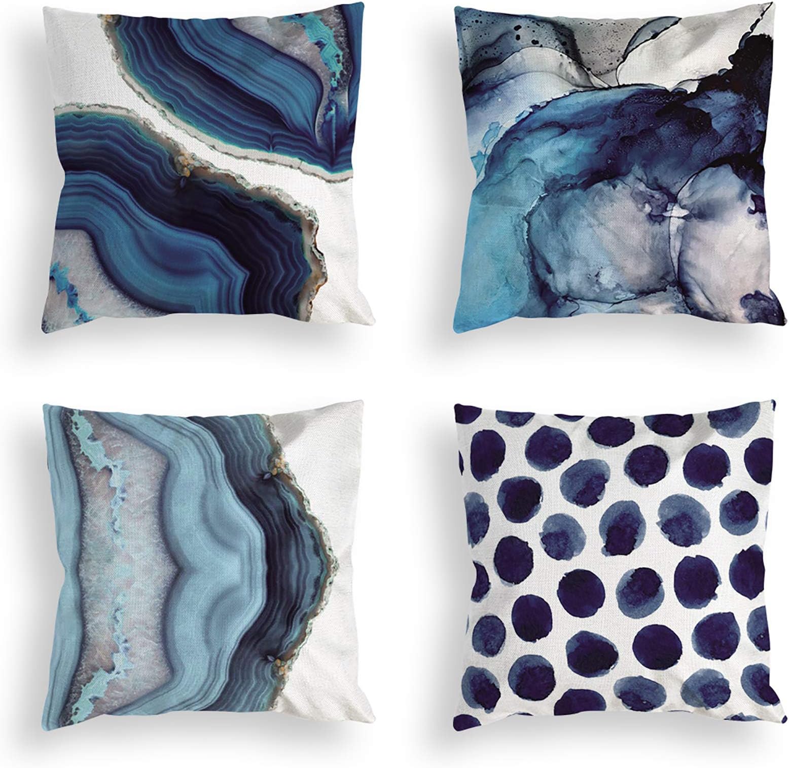 Set of 4 Decorative Throw Pillow Covers,Navy Blue Marble Dots Sea Texture Linen Cushion Sofa Bedroom Car,Home Decor,18 x 18 Inch.1367