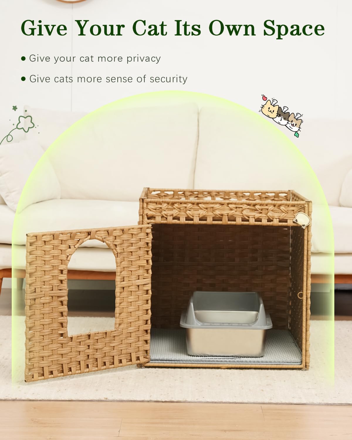 SETVSON Cat Litter Box Enclosure Furniture, Large Hidden Litter Box Furniture, Handwoven Rattan Cat House Cabinet, One Mat, Two S-Shaped Hooks, Living Room, Apartment 21.6 X 26 X 21.6 Inches, Natural