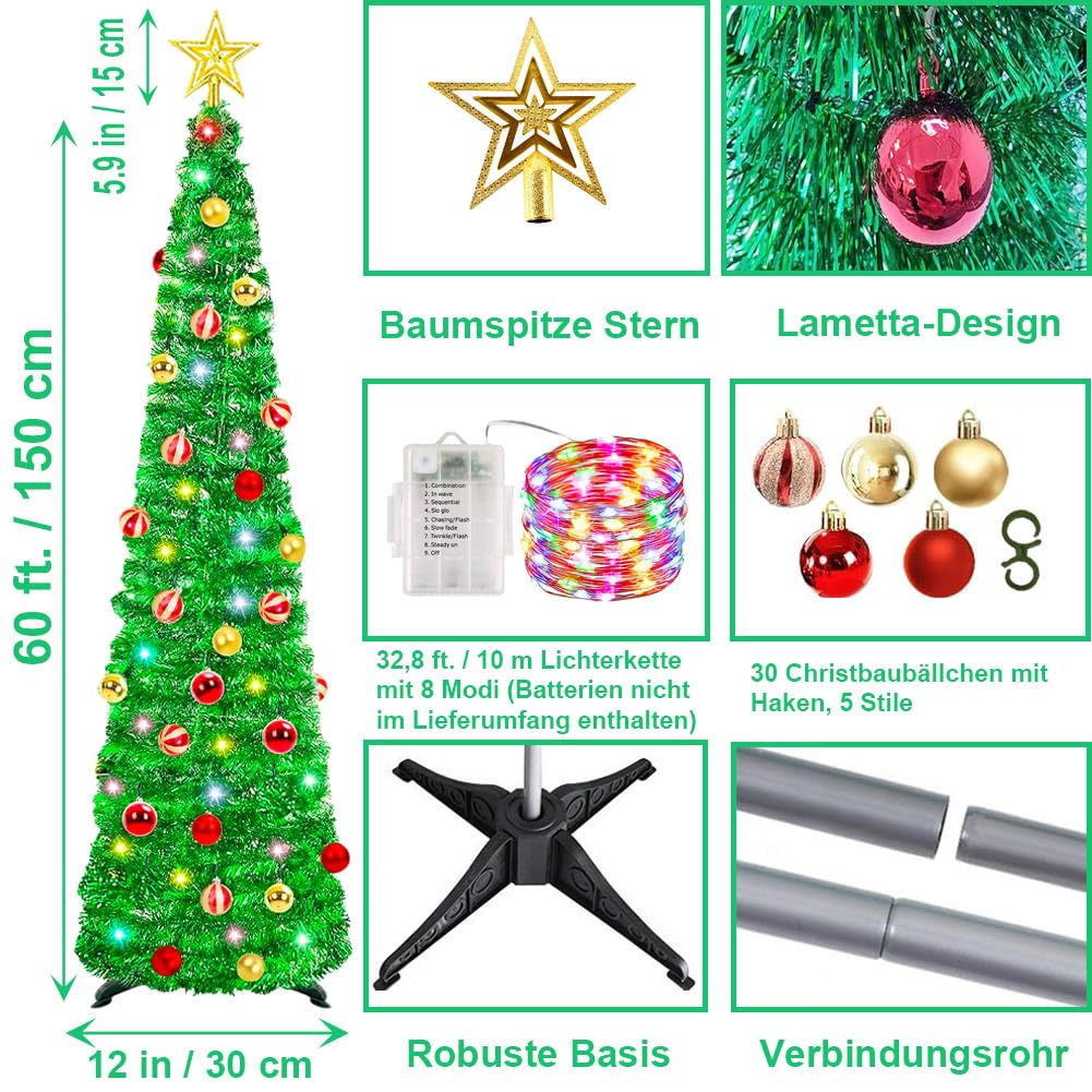 künstlicher Weihnachtsbaum mit Beleuchtung, 150 cm Zusammenlegbarer Aufzieh-Weihnachtsschleierbaum mit 100 farbigen Lichtern, Baumstern und Kugeln für Weihnachtsdeko und Partybedarf – Grün