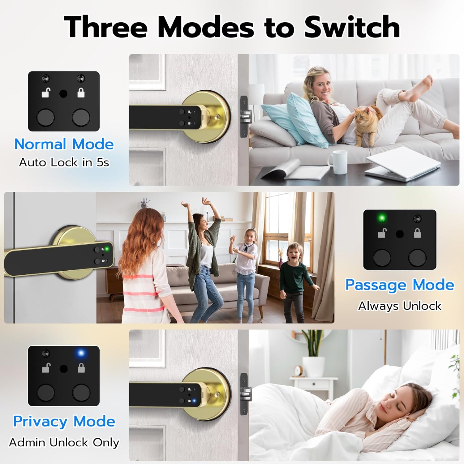 Smart Fingerprint Door Knob Lock with Display Screen, Fingerprint Biometric Door Lock with Code Keypad Keyless Entry Door Handle for Bedroom Home Hotel Office Apartment - Gold