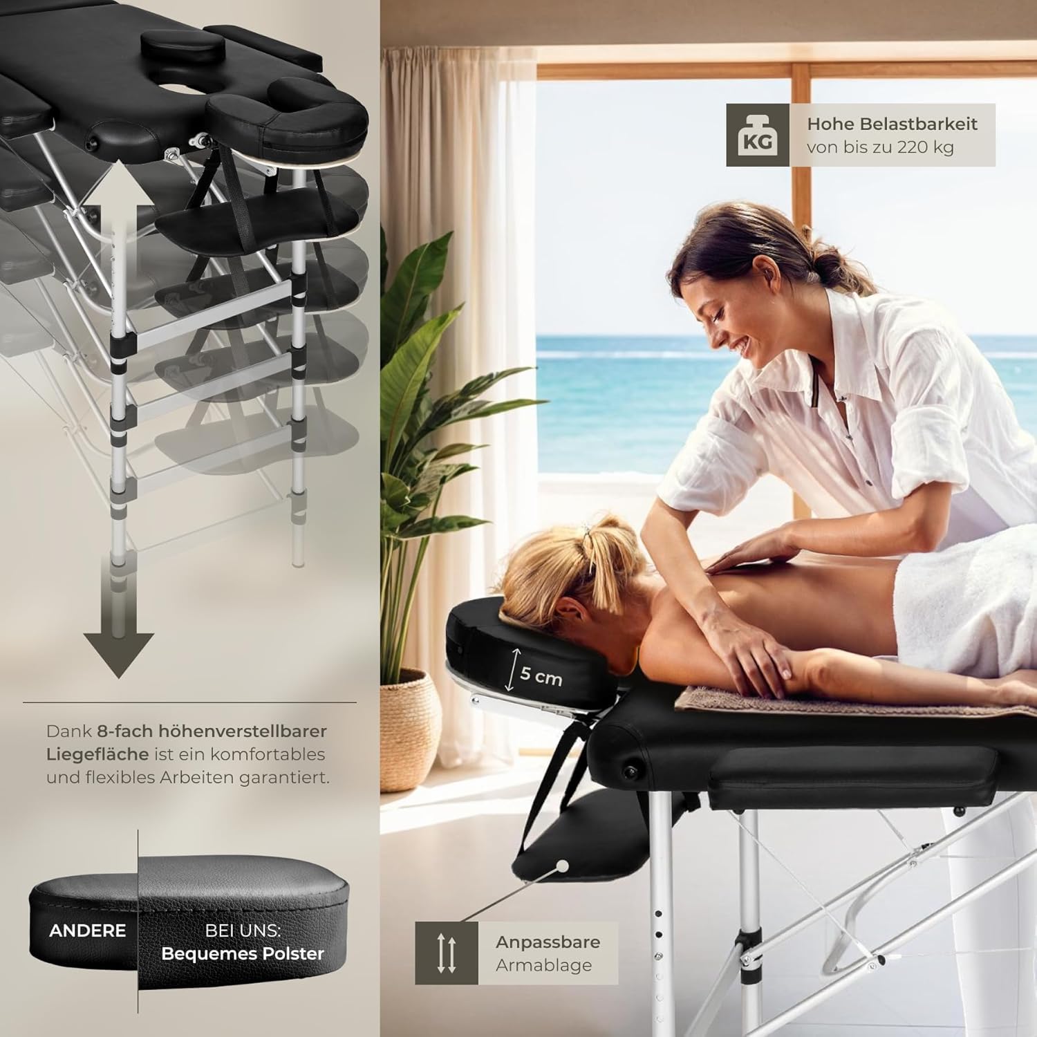 tectake® Massageliege, klappbar, höhenverstellbar, Massagetisch mit 3 Zonen, Massagebank, Kosmetikliege inkl. Zubehör Tasche, Voll- und Halbrolle, Möbel für Kosmetik, Massage, Tattoo - schwarz