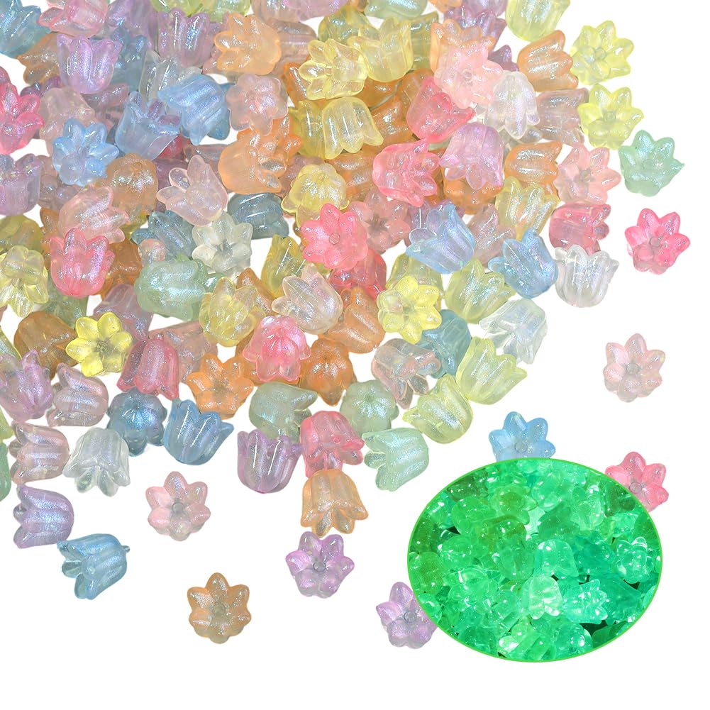 PONABEADIY 1 Box 200PCS Luminous Flower Beads with Holes Glow in the Dark Acrylic colourful Lily of the Valley Glitter powders Loose Spacer Bead for Jewellery Making Bracelet Necklace Diy Craft Supply