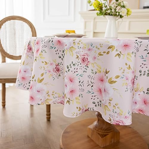 Miniatura 7 de Joyfol Day Mantel de flores, mantel floral rosa para mesas redondas, resistente al agua, para San Valentín, fiestas, bodas, primaveraverano (redondo