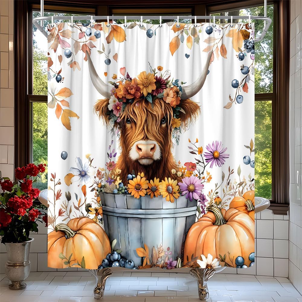 Fall Harvest Highland Cow Shower Curtain Autumn Pumpkin Floral Leaves Farmhouse Bull Watercolor Plant Bath Curtain Fabric Bathroom Accessories Decor with Hooks 90W x70L