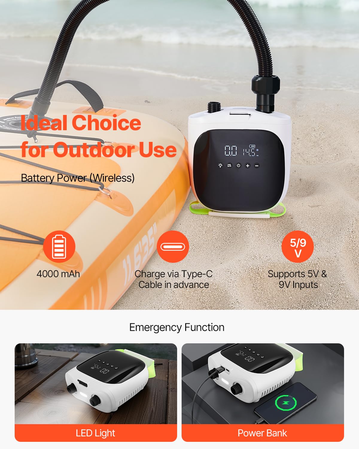 VEVOR Pompe à Air Électrique pour Paddle Haute Pression 20 psi, Gonfleur pour Sup Rechargeable à Deux Étages, avec Arrêt Automatique et Fonction de Dégonflage, pour Bateaux Gonflables Matelas
