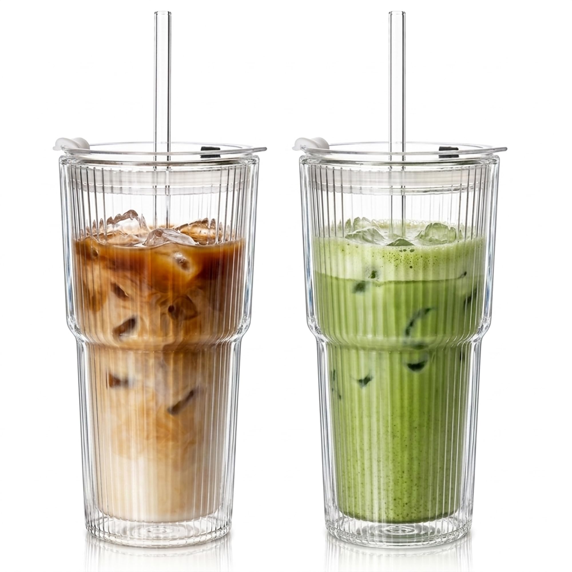 KEMORELA 2 Pack 600ml Ribbed Double Wall Glass Cups with Lids & Straws, Insulated Iced Coffee Cups for Matcha, Latte, Smoothies & Bubble Tea, Aesthetic Clear Glass Tumblers