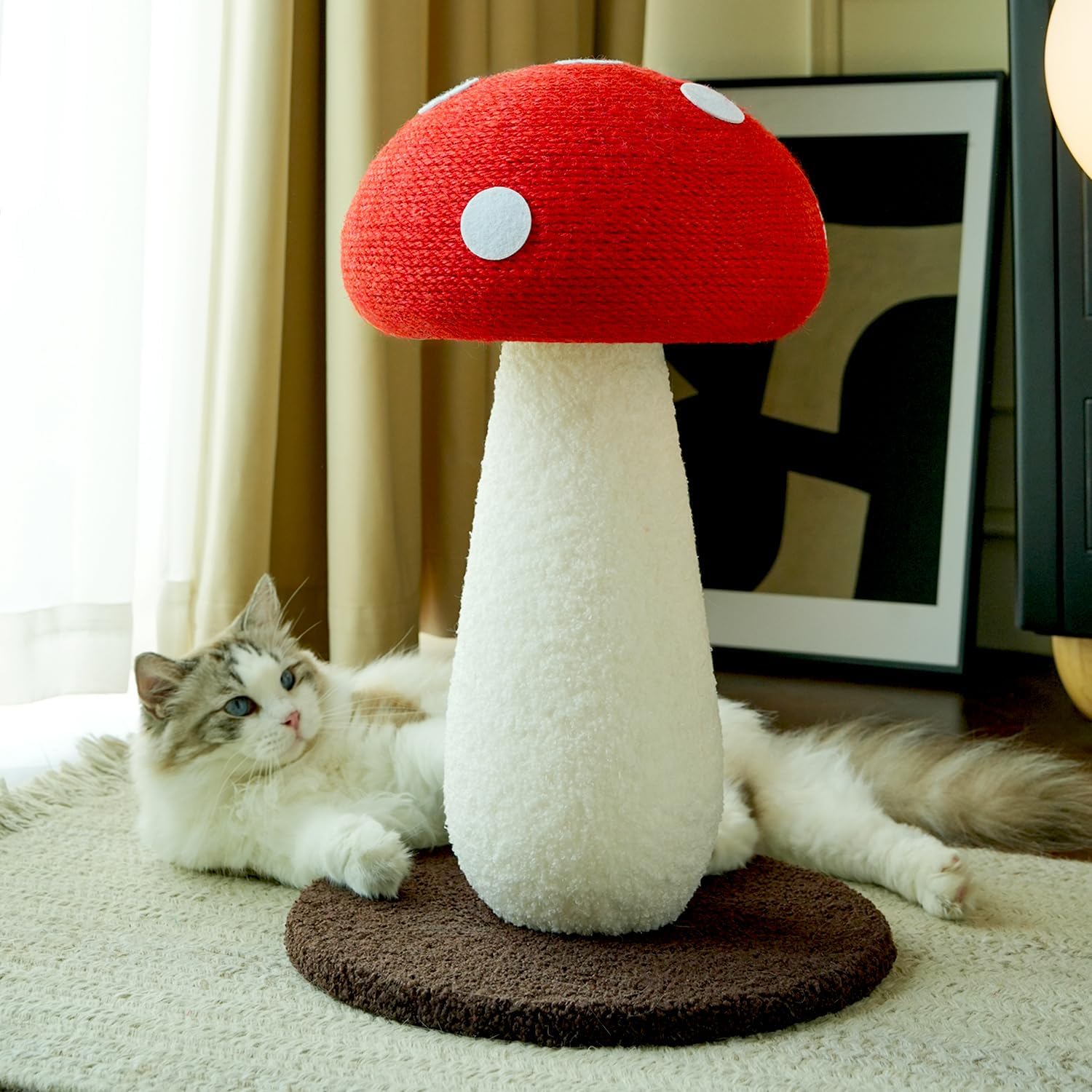 Cat Scratching Post Mushroom Cat Tree with Natural Sisal, Weighted Base & Interactive Ball - for Kittens to Adult Cats - Perfect for Indoor Cats (Red Tall Mushroom, Large 19.7 in)