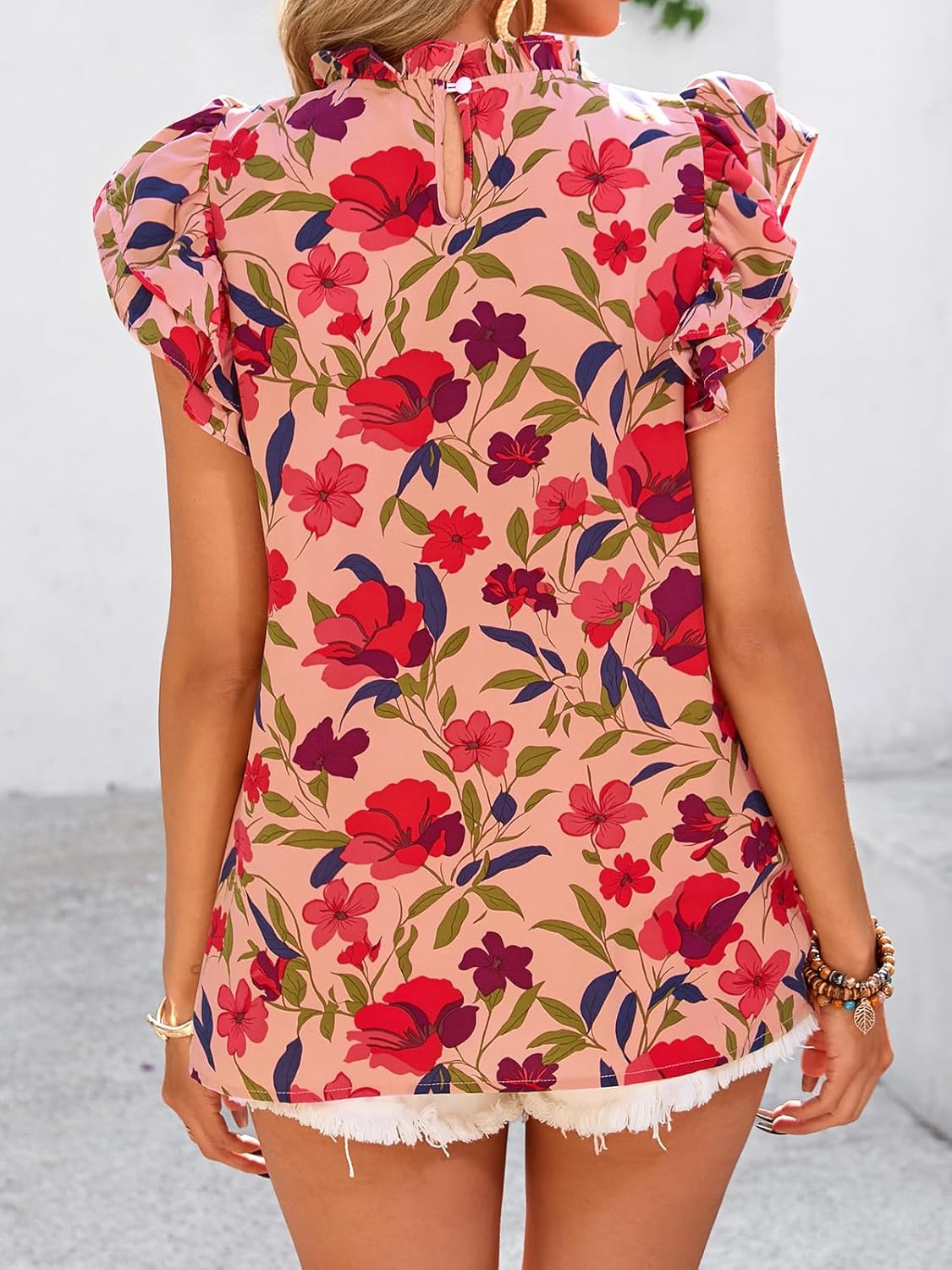 PRETTYGARDEN Women's Ruffle Short Sleeve Summer Tops 2026 Trendy Floral Trim Neck Casual Dressy Chiffon Boho Blouses Shirts - Image 4