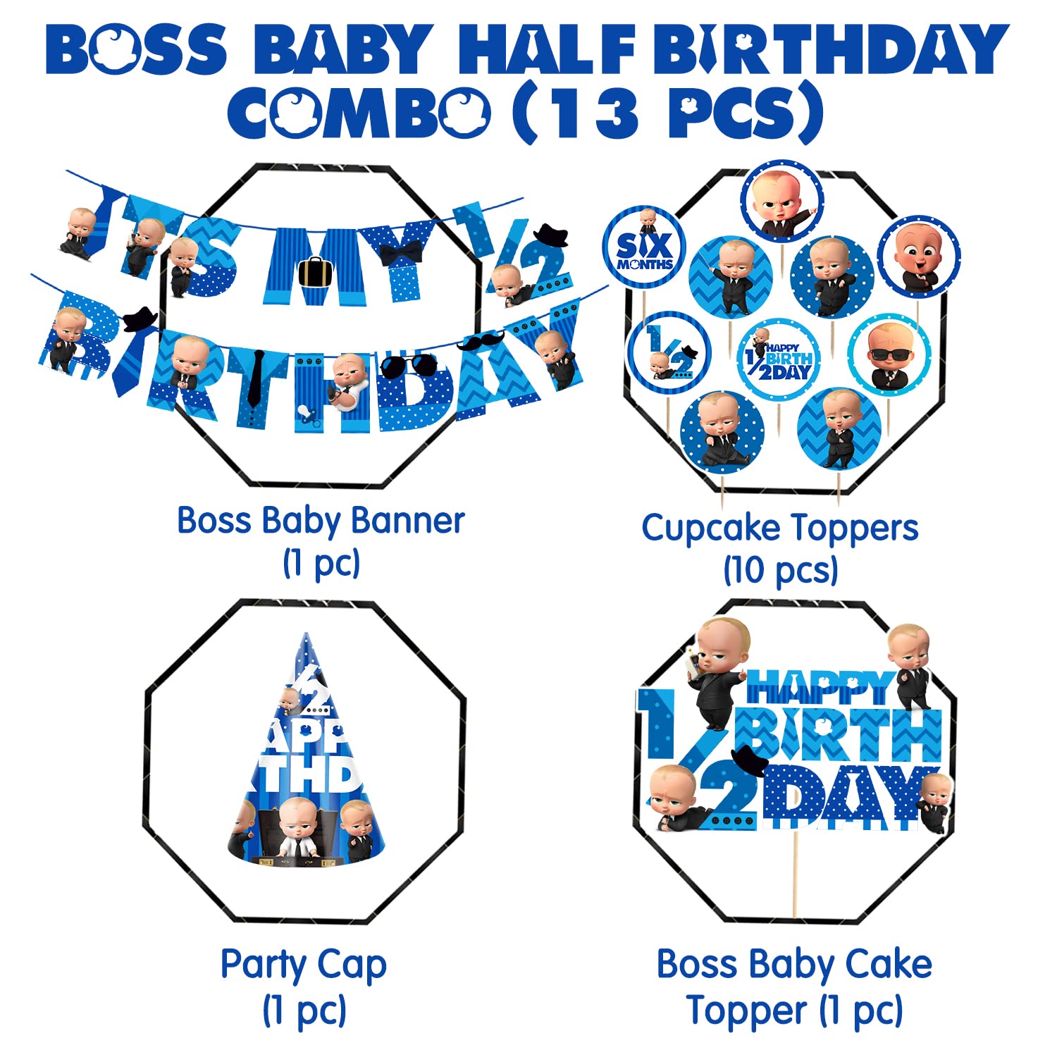 Zyozique Baby Boss Half Birthday Party Supplies, Boss Baby 1/2 Birthday Party Decorations for Boys with Its My Birthday Paper Banner Cake Topper Birthday Cap Cup Cake Topper(Pack of 28)