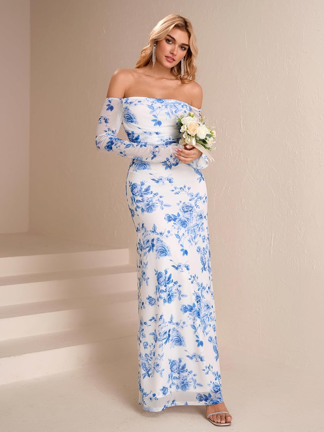 Women Fall Long Sleeve Floral Bodycon Maxi Dress Sexy Off Shoulder Ruched Wedding Guest Formal Party Long Dresses - Image 4