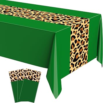 Leopard Print Tablecloth 54 x 108 Leopard Plastic Table Cover Disposable Safari Animal Cheetah Print Party Decorations for Baby Shower Wedding Birthday Party FavorsGreen,3 Pcs