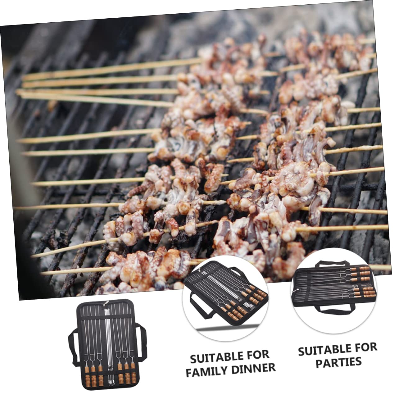 BESTonZON Brochetas de Barbacoa con Mango de Madera Antióxido 10 de Acero Inoxidable y Bolsa de Almacenamiento para Uso en Exteriores y Vida Diaria