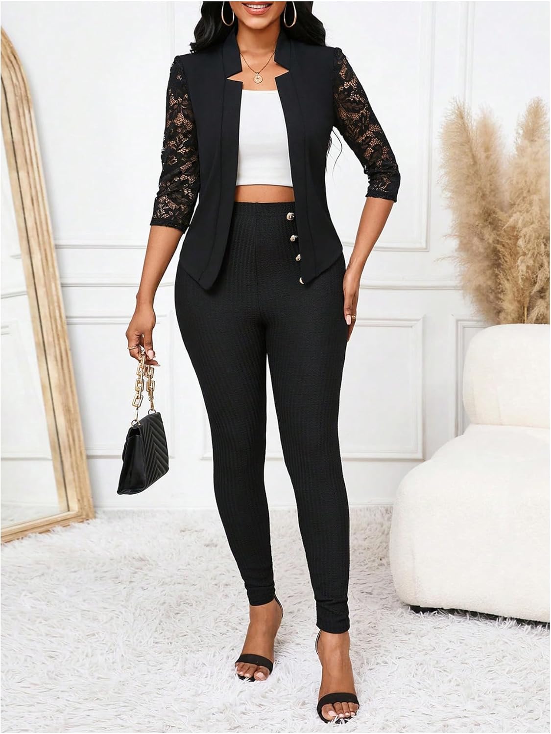 SHENHE Women's Floral Lace 3/4 Sleeve Open Front Work Office Notch Lapel Blazer Jacket - Image 6