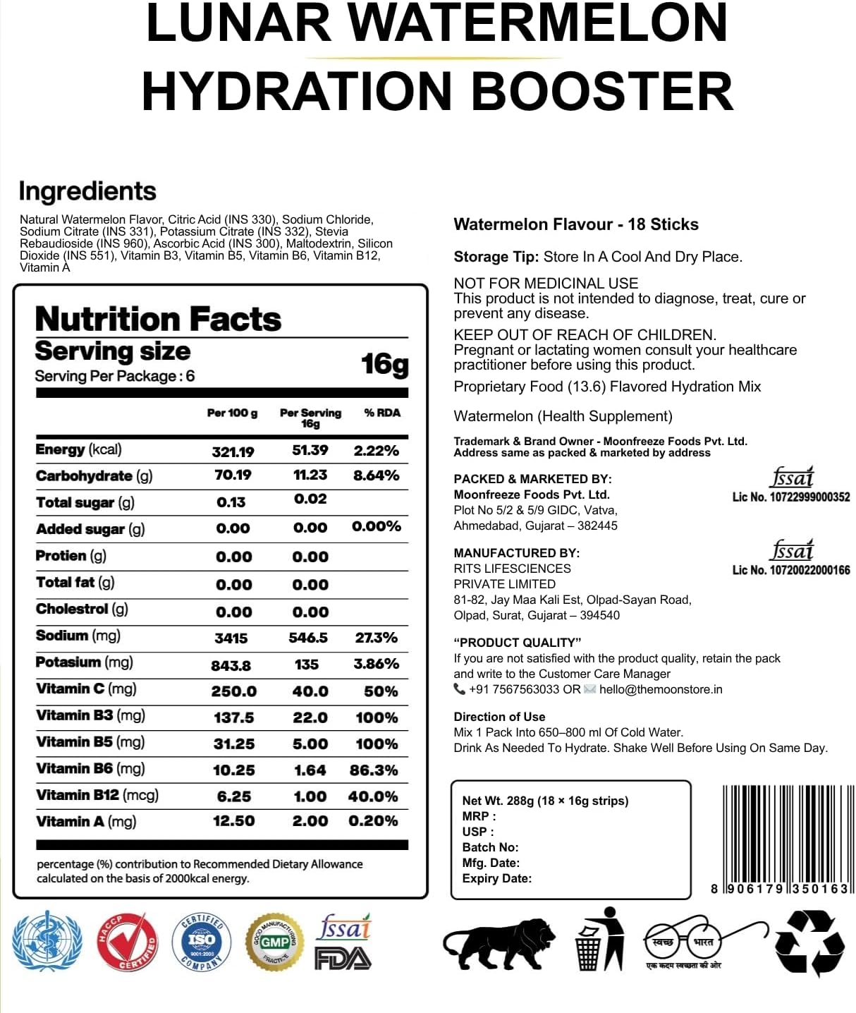 MOON Lunar Watermelon Hydration Booster Energy Drink Mix Natural & Healthy Electrolytes Mix Instant Daily Hydration & Energy Pack of 3(16g X 18 Sachets)