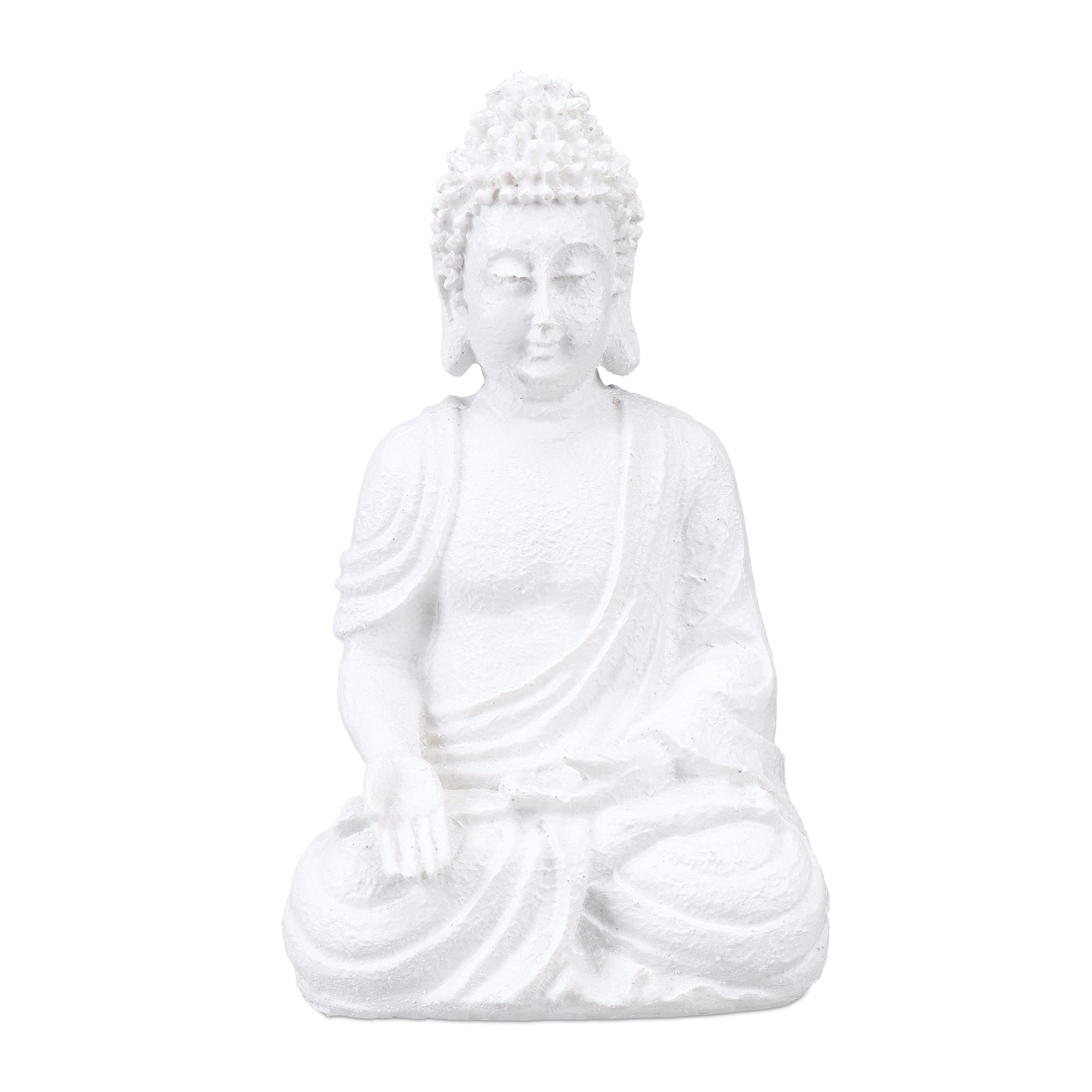 Relaxdays Figura Buda Sentado, 17,5 cm, Decoración Jardín, Resistente Intemperie y Heladas, Escultura Exterior, Blanco, Polirresina, 46 x 46 cm