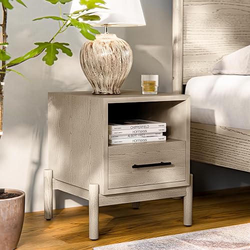 Bme Lyra Mesita de noche, mesa auxiliar de madera maciza, fácil montaje, con 2 cajones de almacenamiento para sala de estar y dormitorio, moderna de