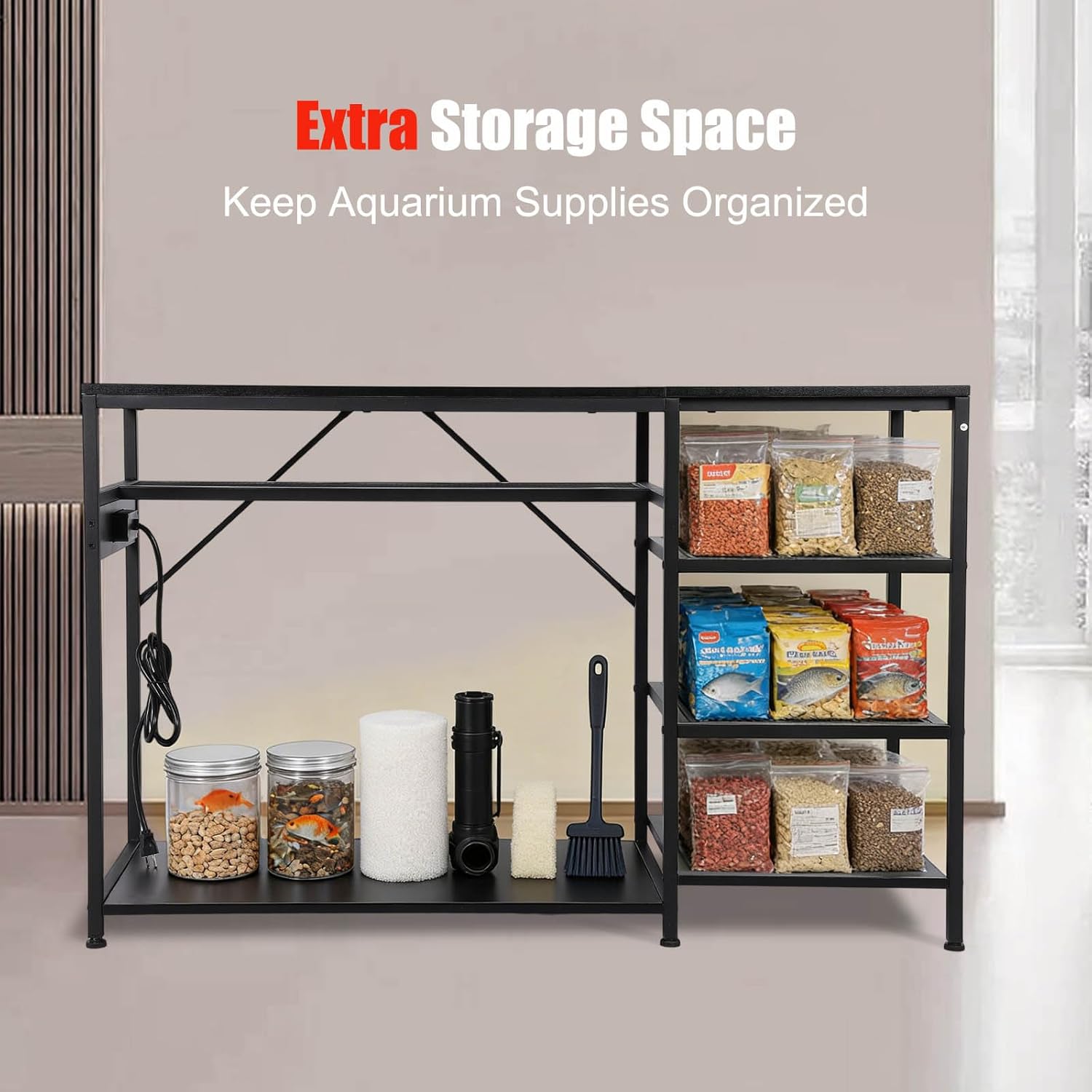 FAHKNS 55 75 Gallon Aquarium Stand Heavy Duty 1200lbs Capacity, Black Steel Frame Fish Tank Stand with Electrical Outlet & USB, Storage Cabinet for Large 49 Inch Aquariums