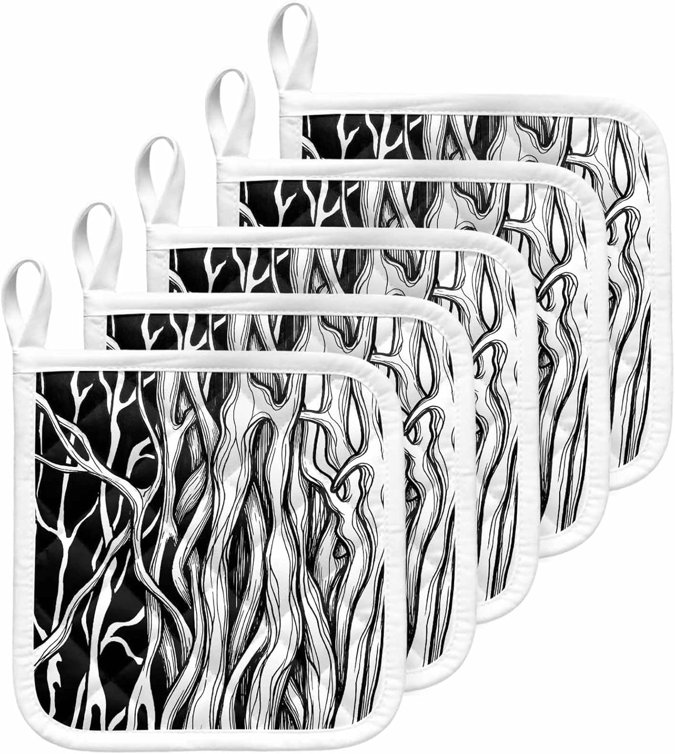 5 Pack Pot Holders for Kitchen, Black White Striped Hot Pads for Kitchen Countertops Oven Pot Holder Bulk, Farmhouse Stripes Modern Abstract Art Heat Insulation Potholders with Hanging Loops