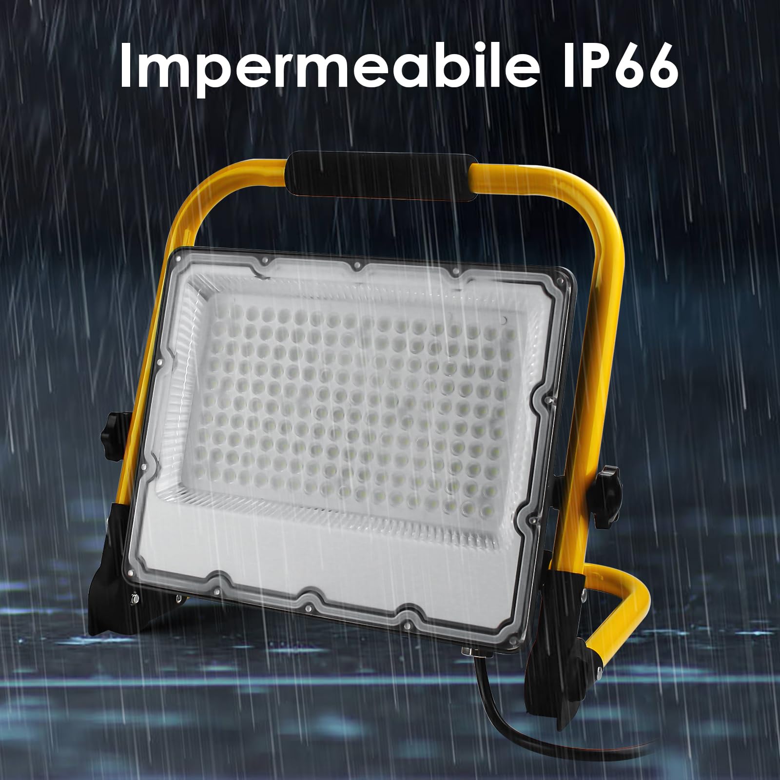 Faretto LED da Cantiere 150W, Portatile Farò LED da Cantiere con Spina Schuko e Staffa Pieghevole, Rotazione 360°,4 Metri di Filo,Luce Bianca 6500K,15000 Lumen - Ideale per Edilizia,Officina