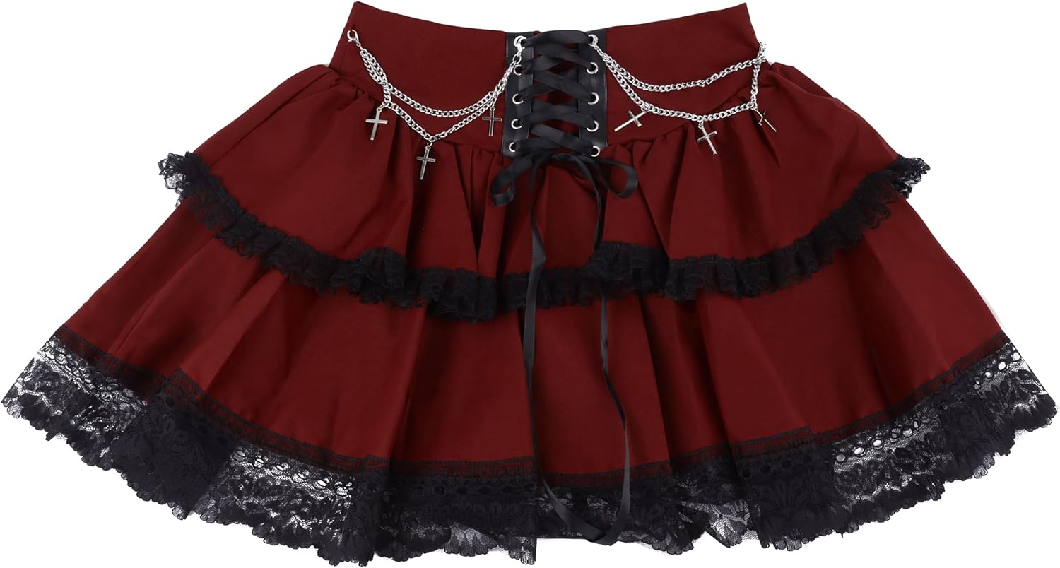 Womens High Waist Goth Punk Skirts with Chain Harajuku Lace Up Fluffy Double Layered Mini Y2k Skirts Red XL - Image 2