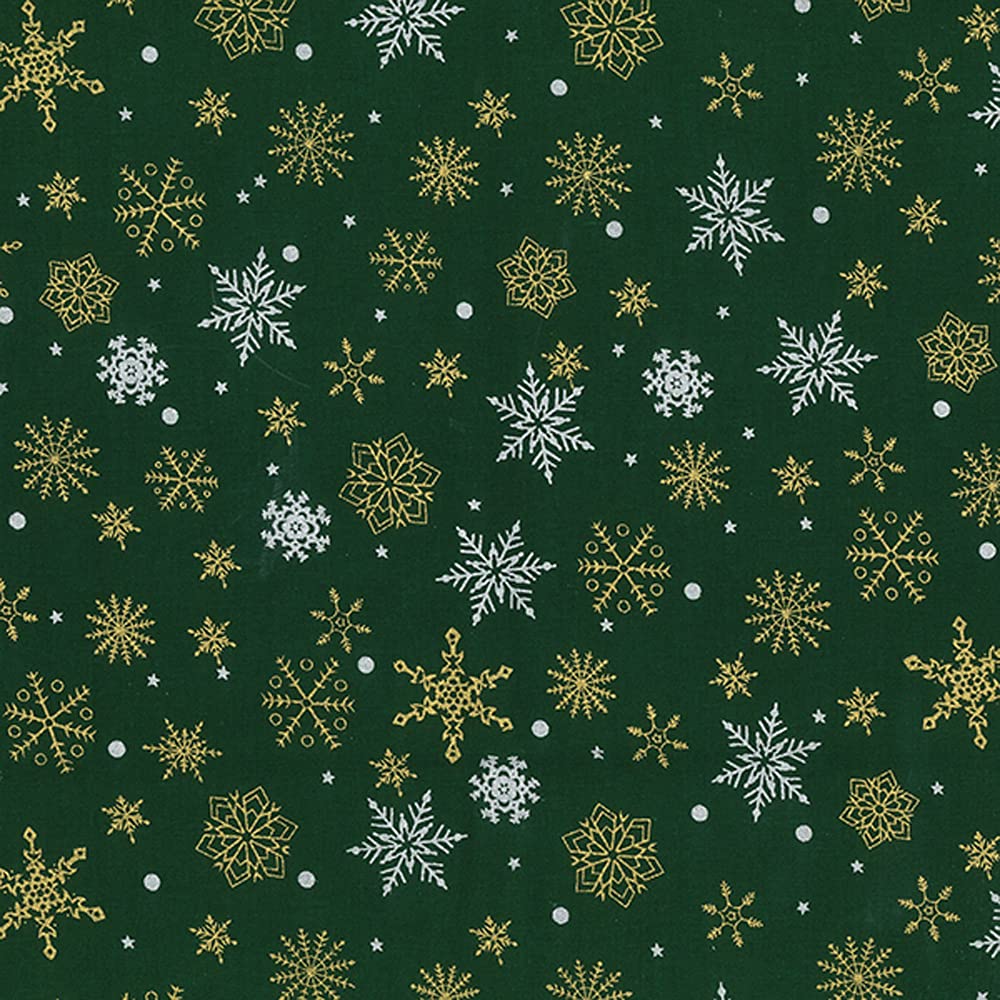 Oddies Green, Gold, Silver Christmas Fabric - Gold & Silver Glitter Snowflakes On Green - Xmas Craft Fabric Material Metre