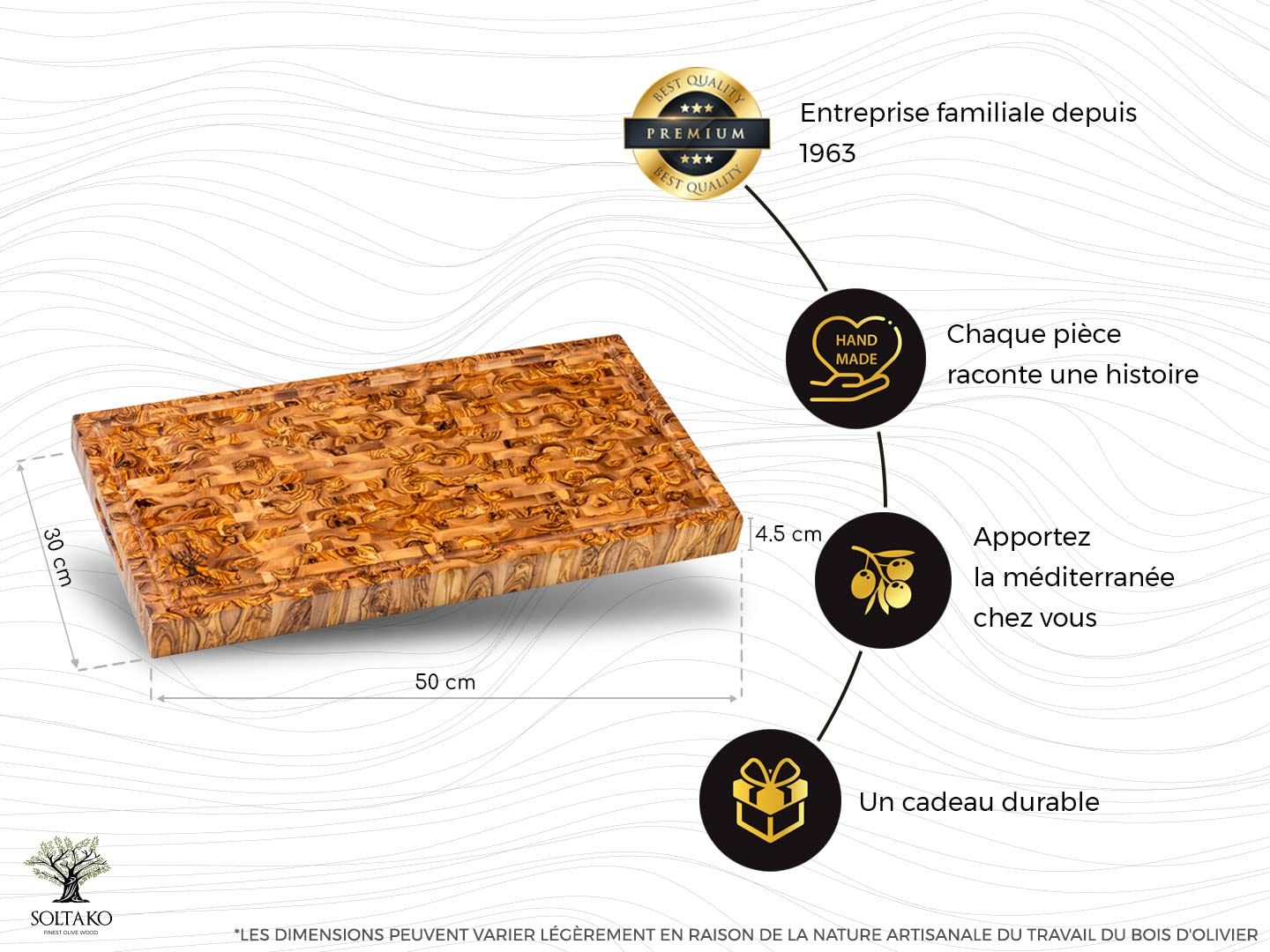 SOLTAKO Planche en Bois d'Olivier, Rustique, Fromage, Épaisse, Plateau Apéritif, Artisanale (50x30x4,5 cm)