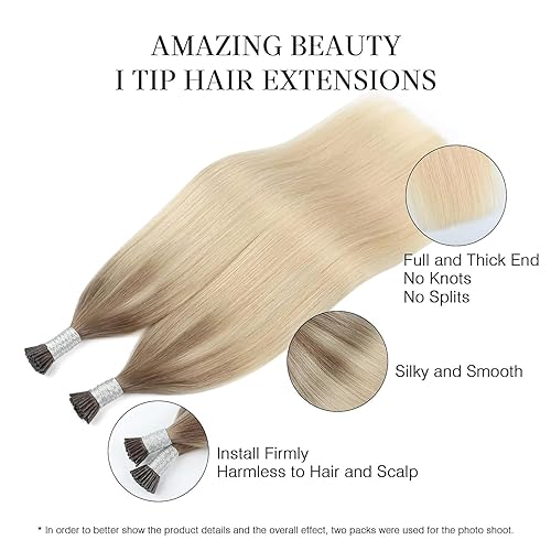 Miniatura 3 de ABH AMAZINGBEAUTY HAIR Itip - Extensiones de cabello humano Remy con punta en I balayage, color degradado castaño ceniza a rubio, extensiones de