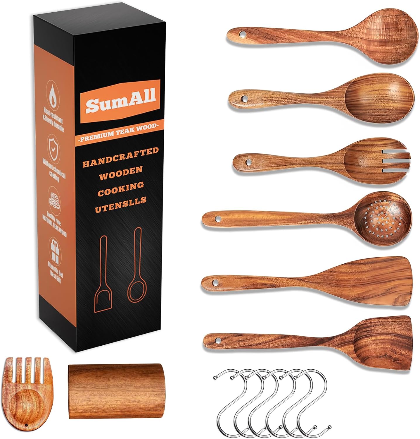 8 PCs Teak Wooden Utensil Set with Hooks, Wooden Spoons for Cooking, Wood Cooking Utensils Set, Comfort Grip, Non Stick Cookware, Easy to Clean, Kitchen Stuff, Wood Spatula