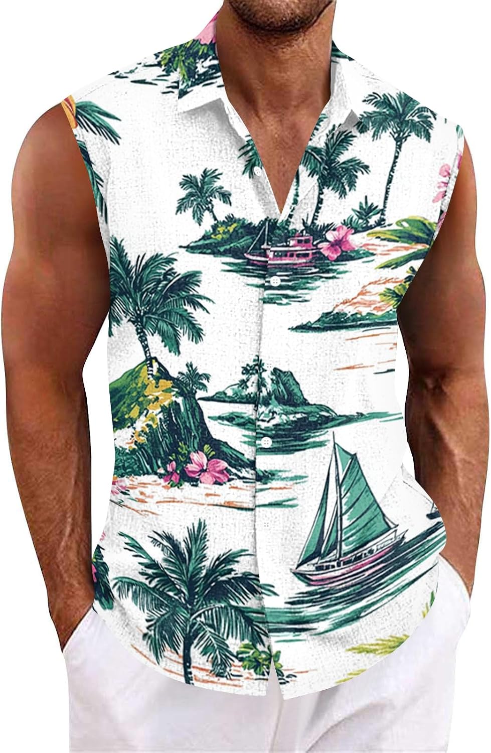 RTRDE Mens Sleeveless Button Down Shirts Casual Summer Hawaiian Tropical Tank Top Beach Vacation Shirts, M-3XL