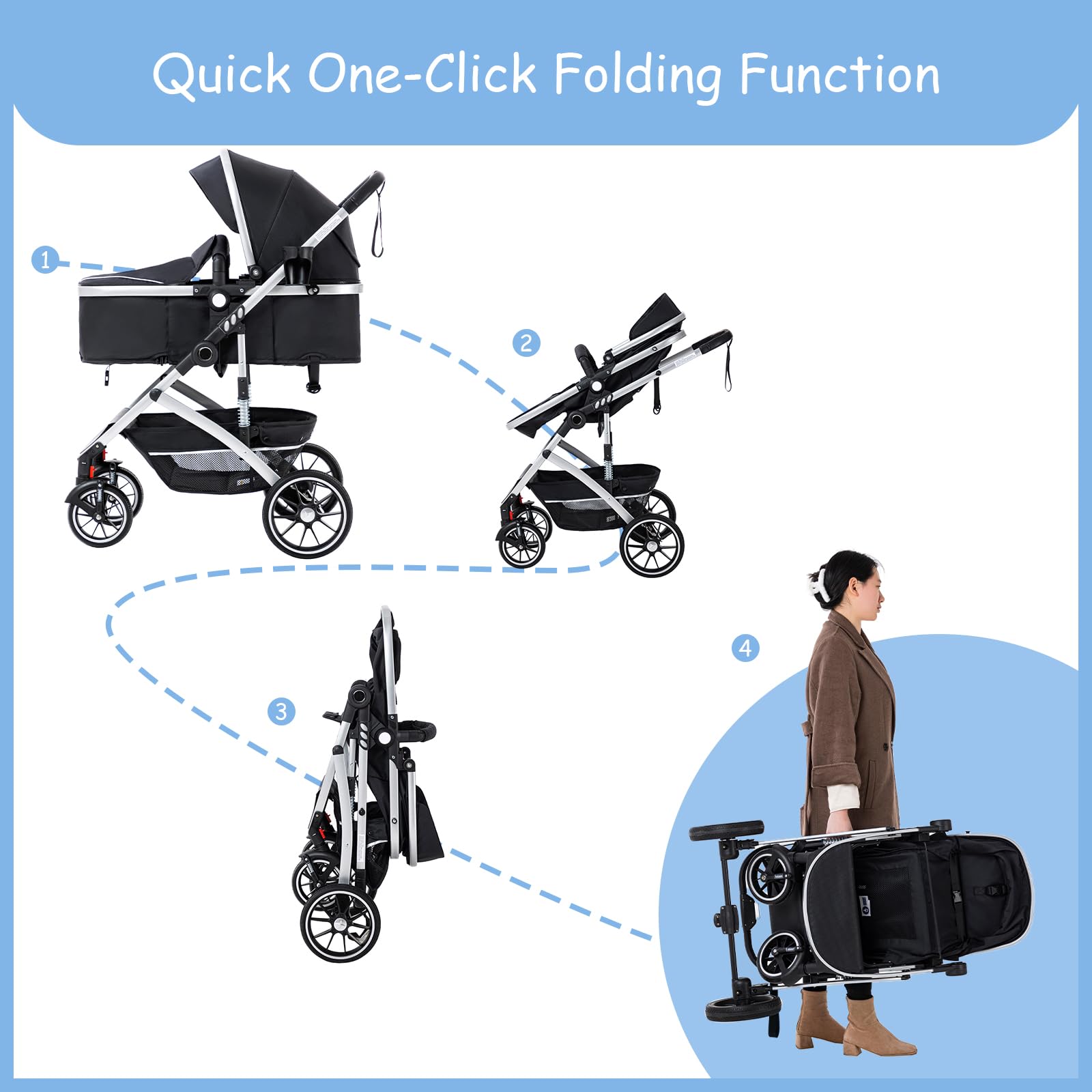Cochecito de Bebé 3 en 1, Cochecito Plegable en Un Clic, Cochecito Alto con Asiento Ancho y Acogedor (38.5cm), Se Puede Bloquear las Ruedas Delanteras